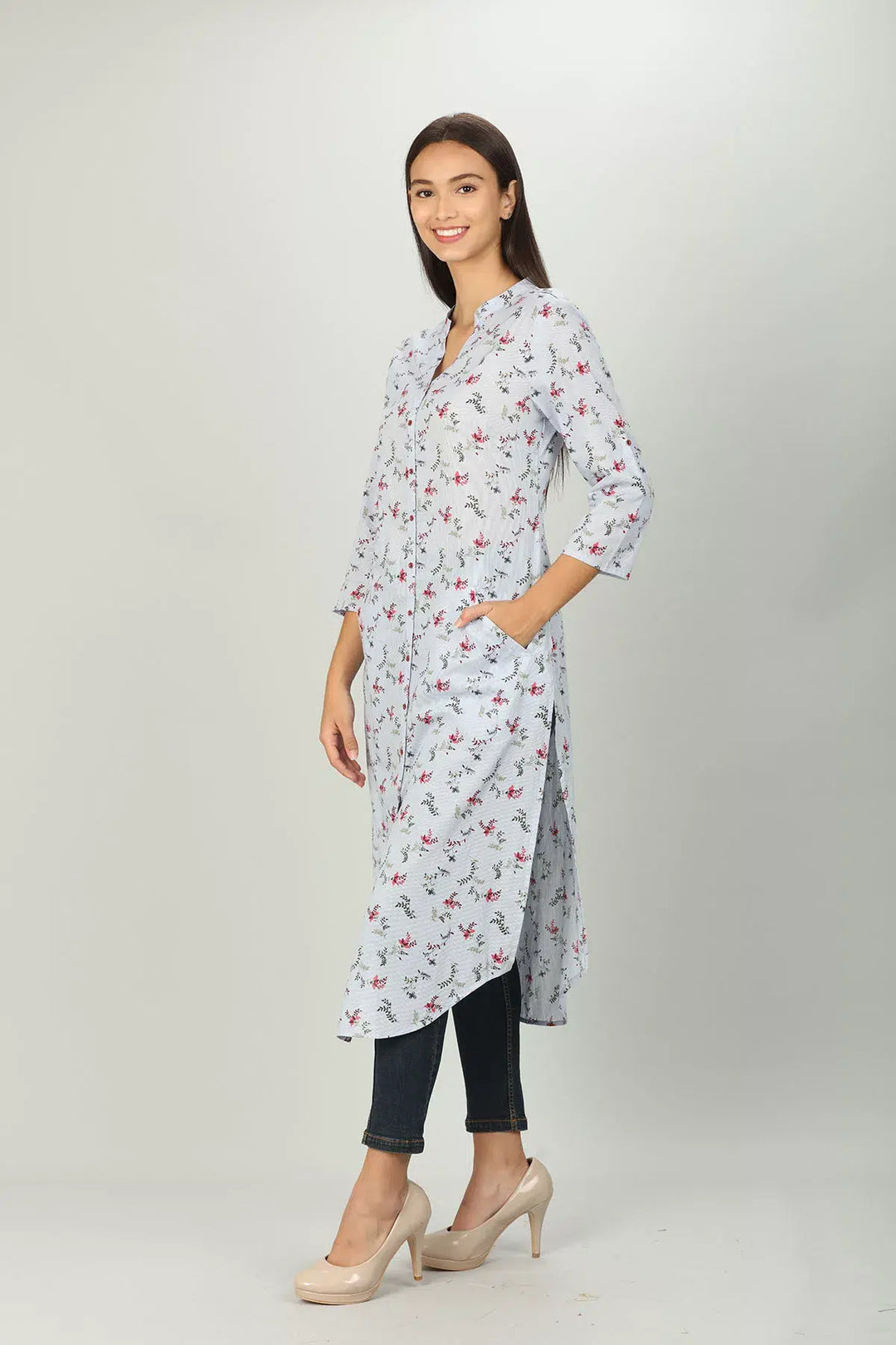 Light Grey printed Front Slit Kurti