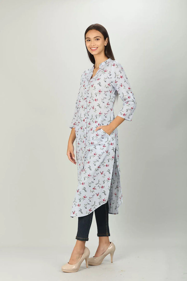 Light Grey printed Front Slit Kurti
