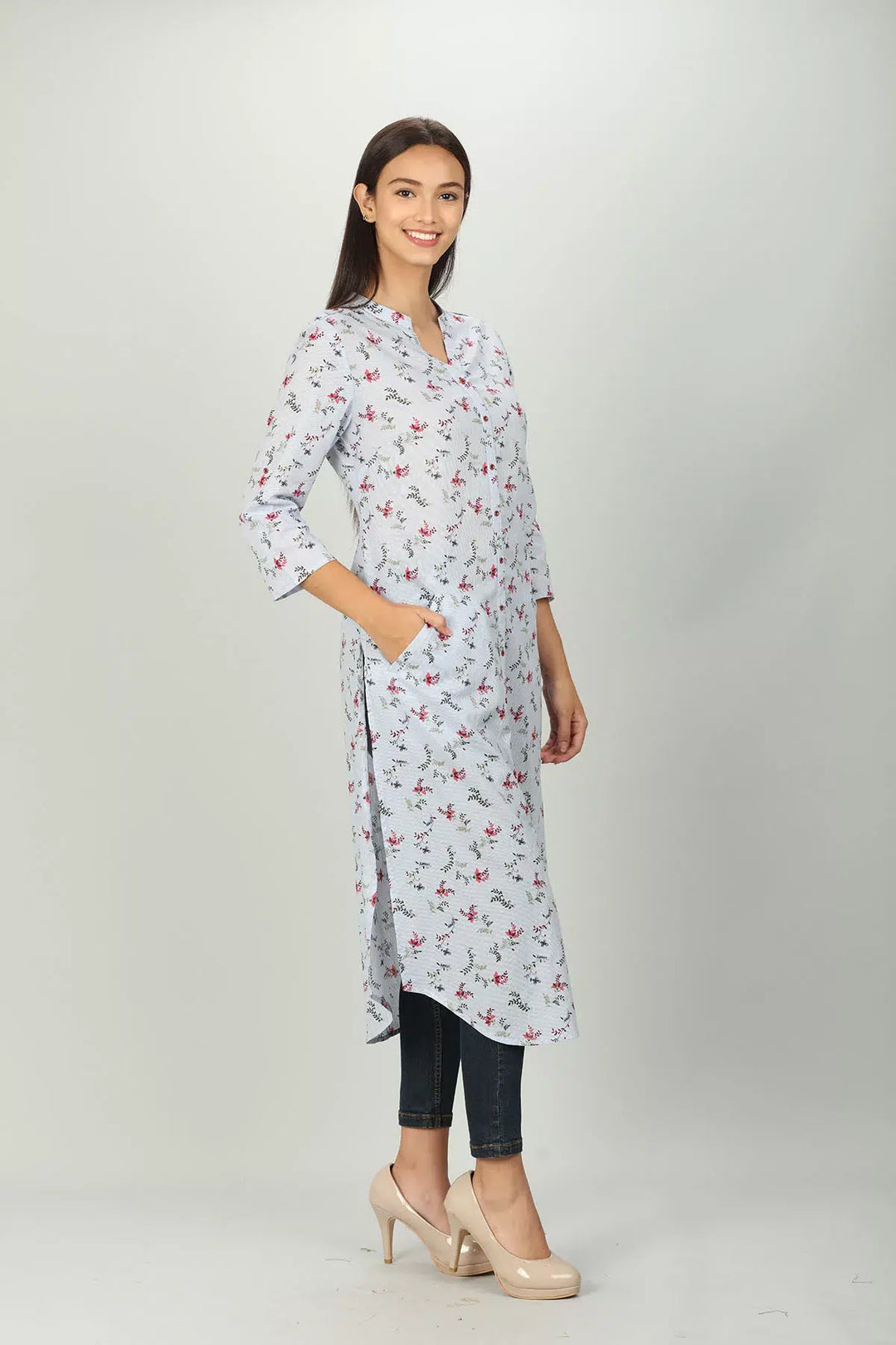 Light Grey printed Front Slit Kurti