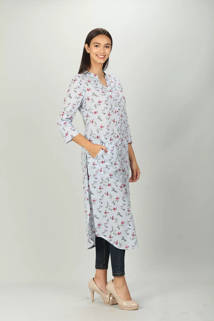 Light Grey printed Front Slit Kurti