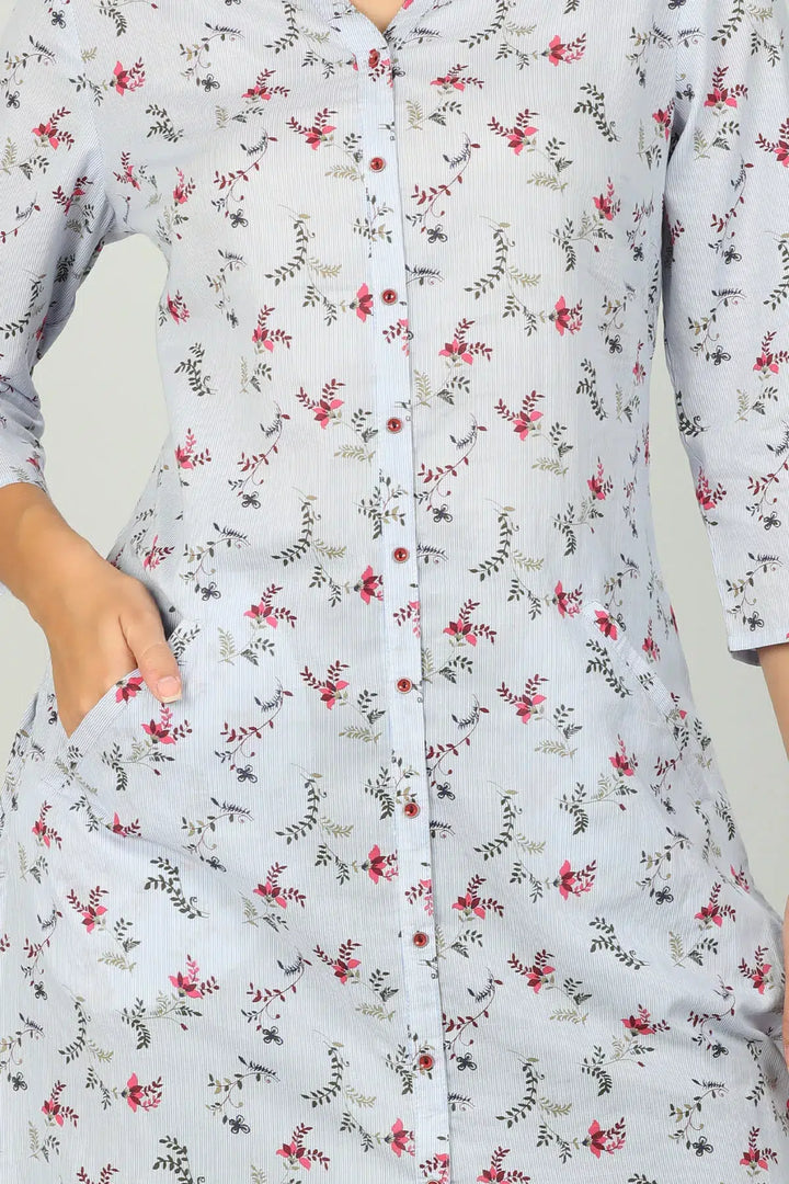 Light Grey printed Front Slit Kurti