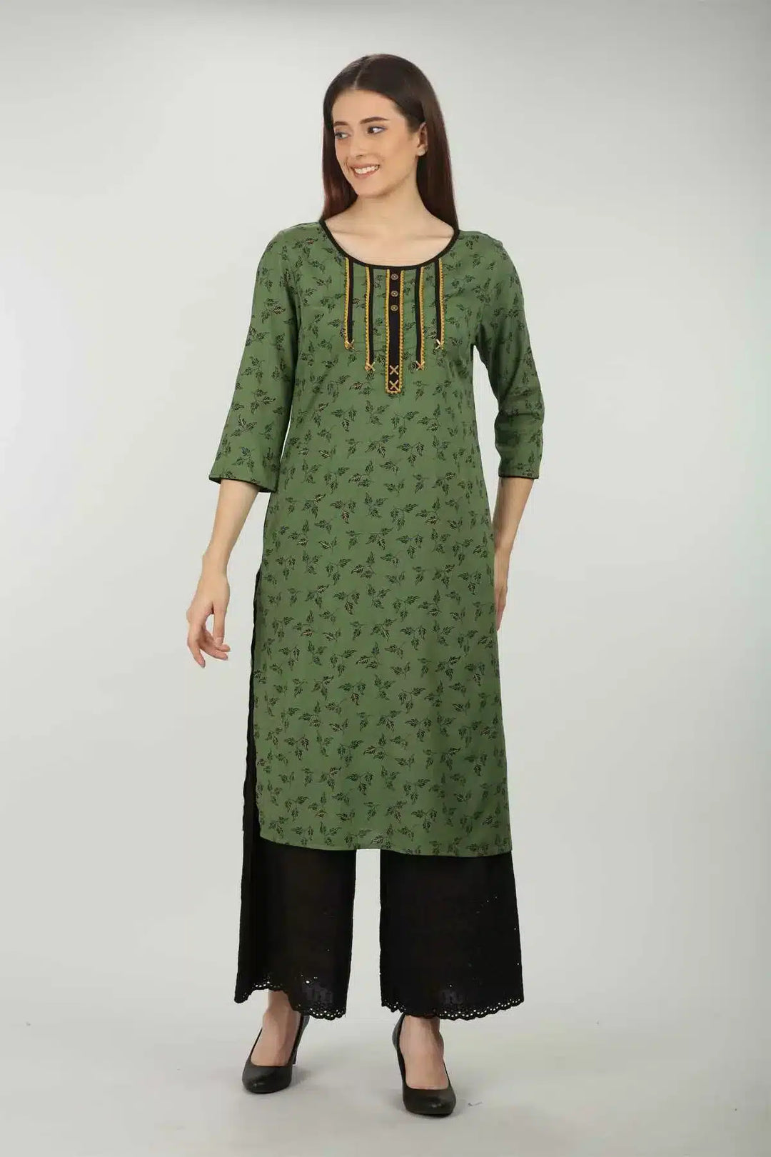 Green Embellished Straight Cut  Kurti