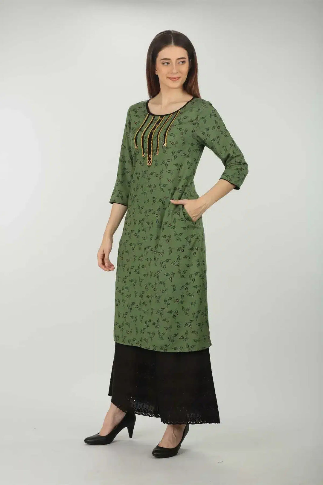 Green Embellished Straight Cut  Kurti