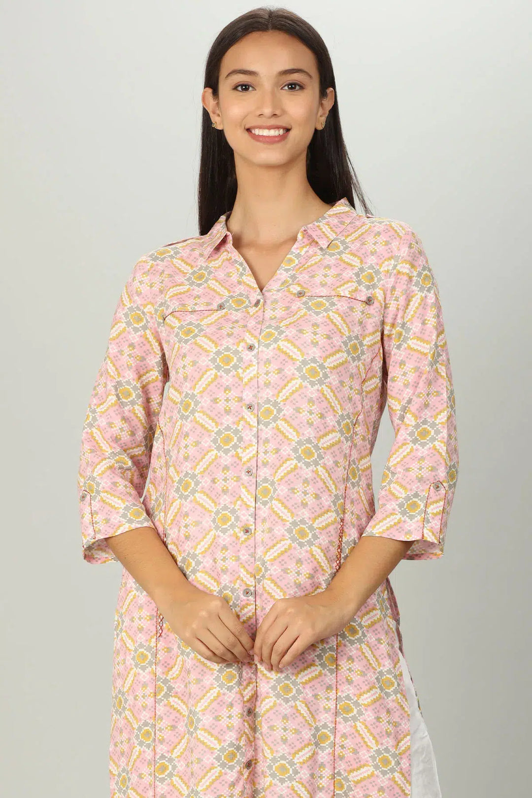 Pink Printed Kurti with Collar Neck