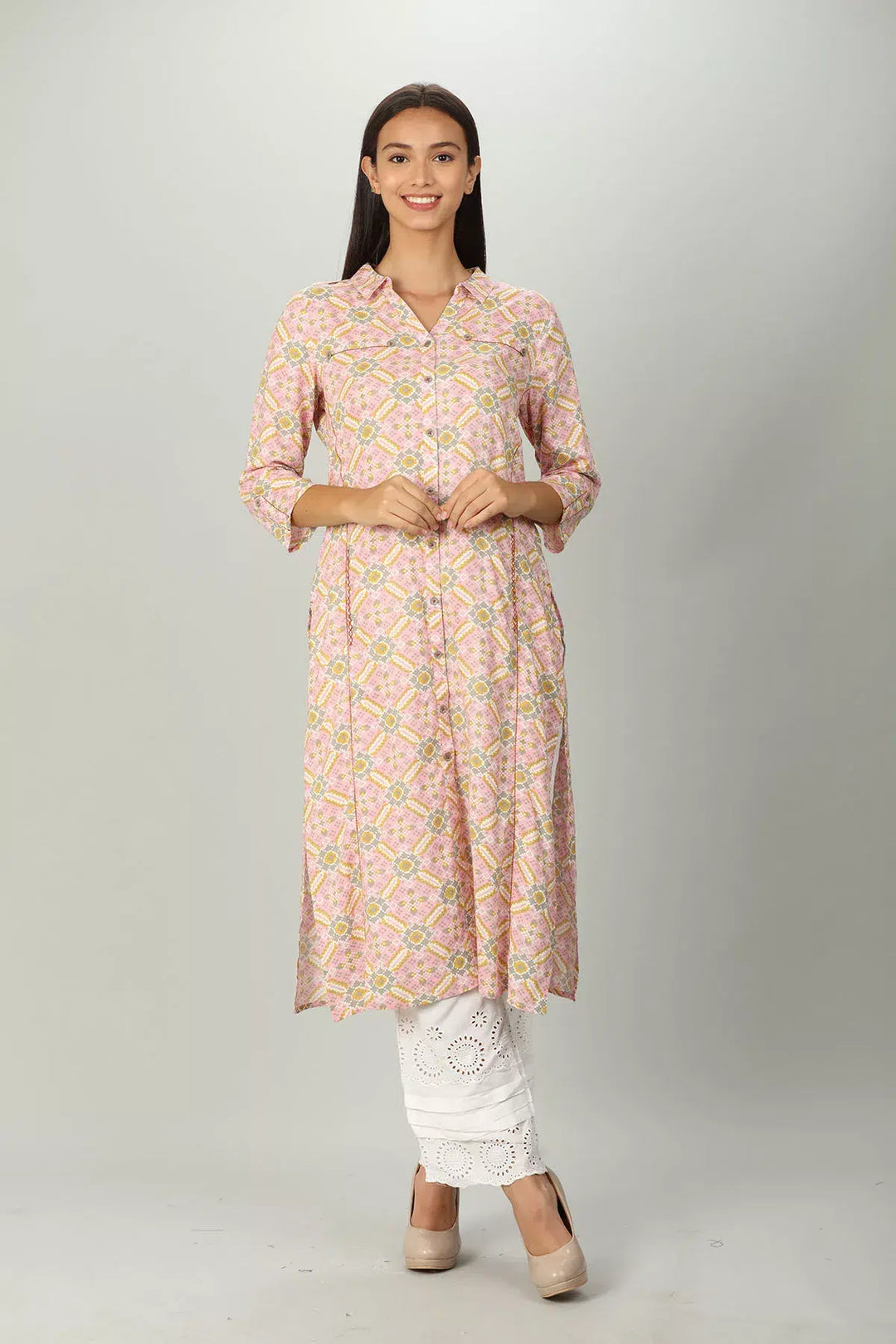 Pink Printed Kurti with Collar Neck