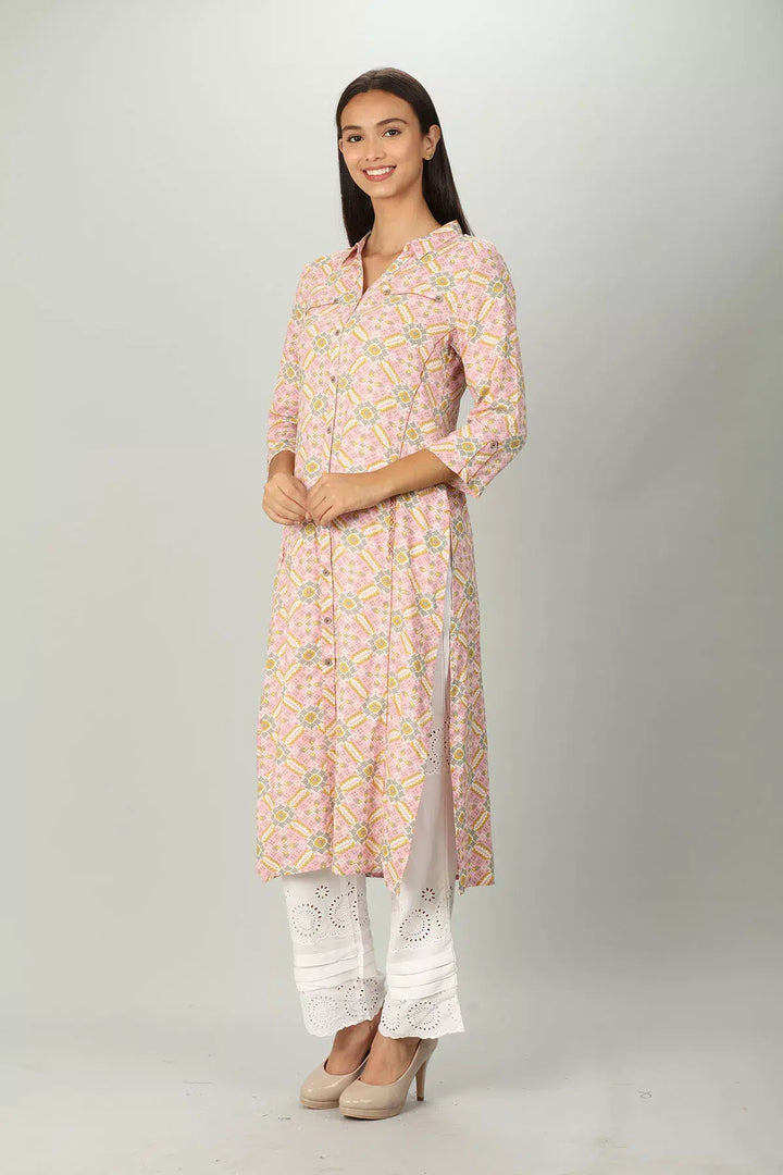 Pink Printed Kurti with Collar Neck