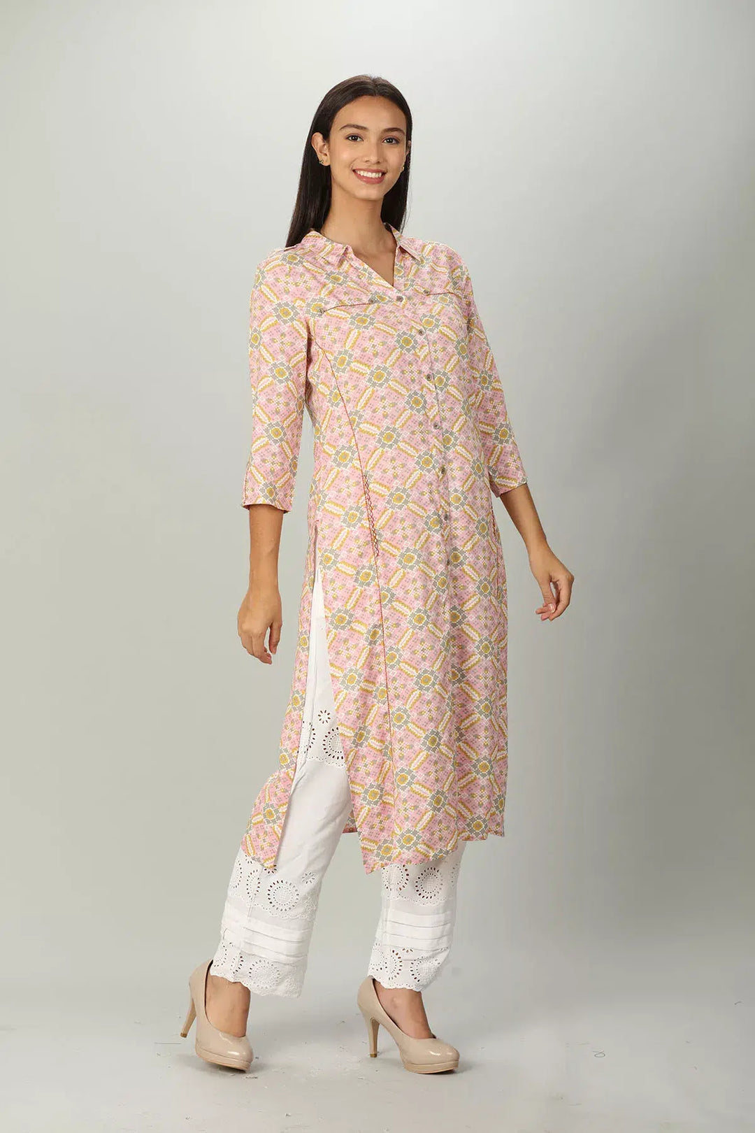 Pink Printed Kurti with Collar Neck
