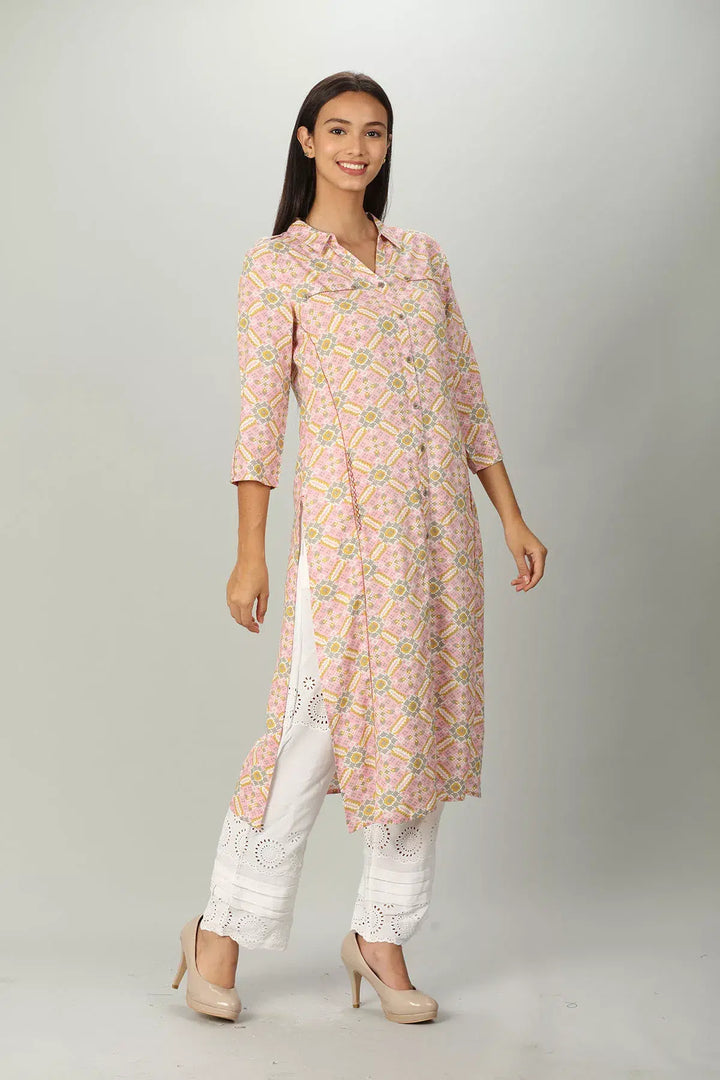 Pink Printed Kurti with Collar Neck