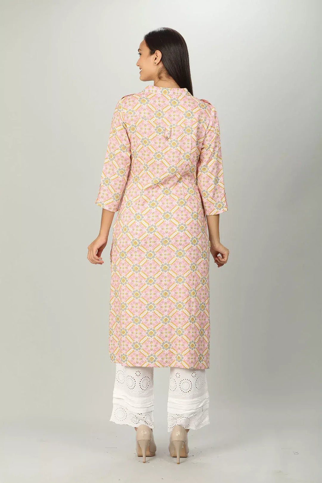 Pink Printed Kurti with Collar Neck