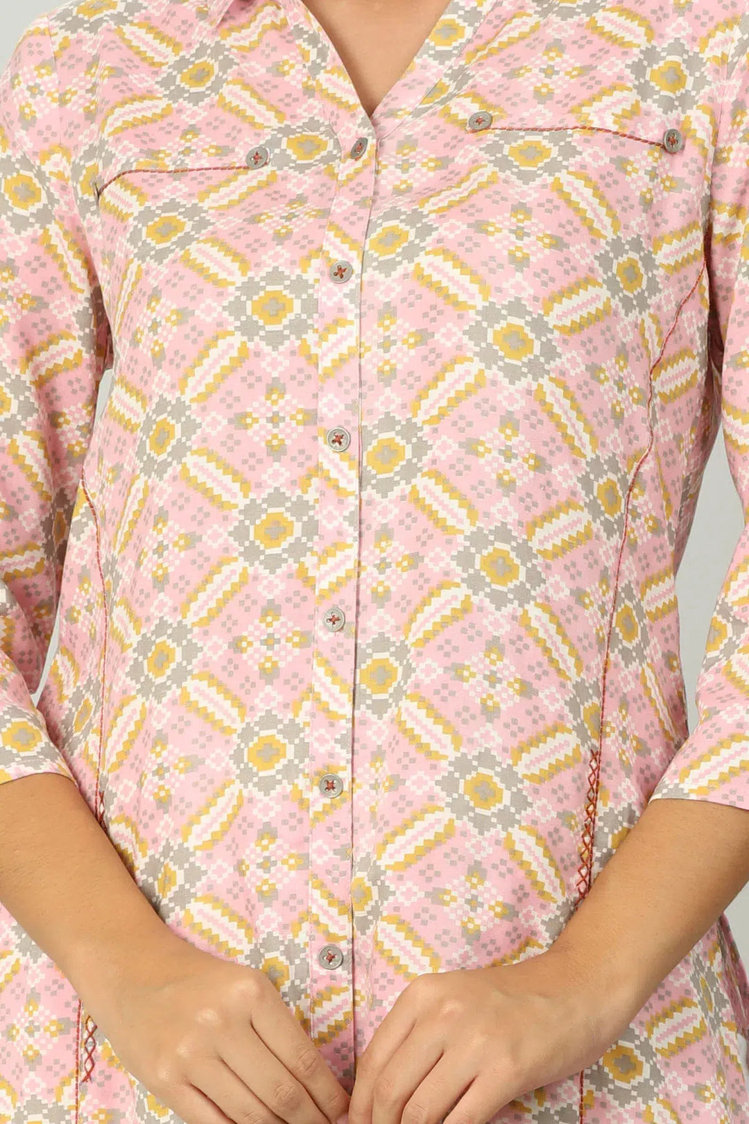 Pink Printed Kurti with Collar Neck