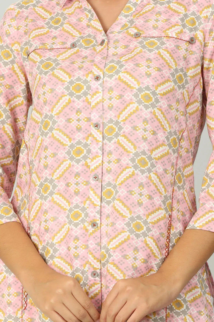 Pink Printed Kurti with Collar Neck
