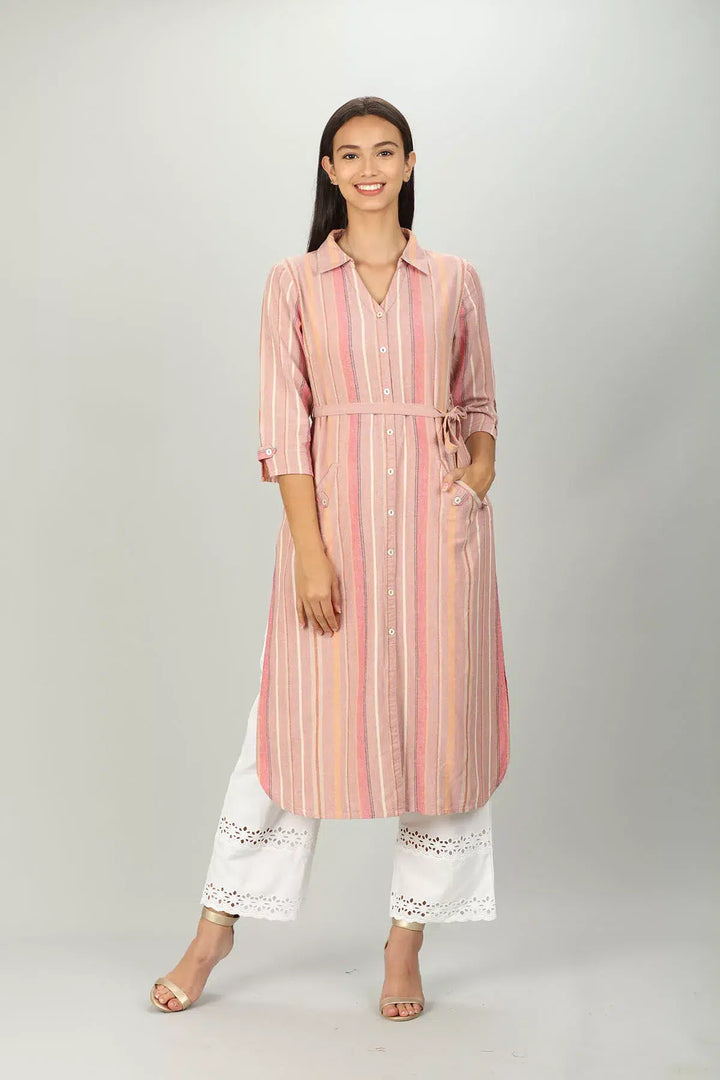 Pink Front Slit Stripe Kurti
