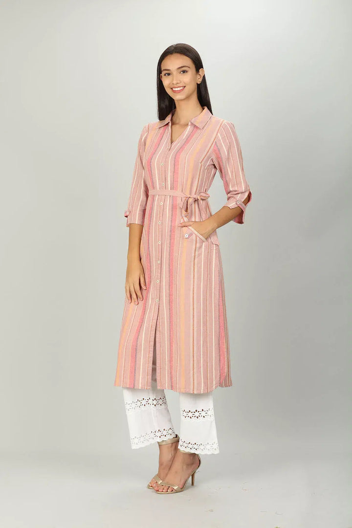 Pink Front Slit Stripe Kurti