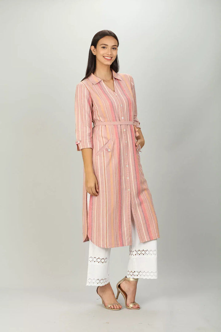 Pink Front Slit Stripe Kurti