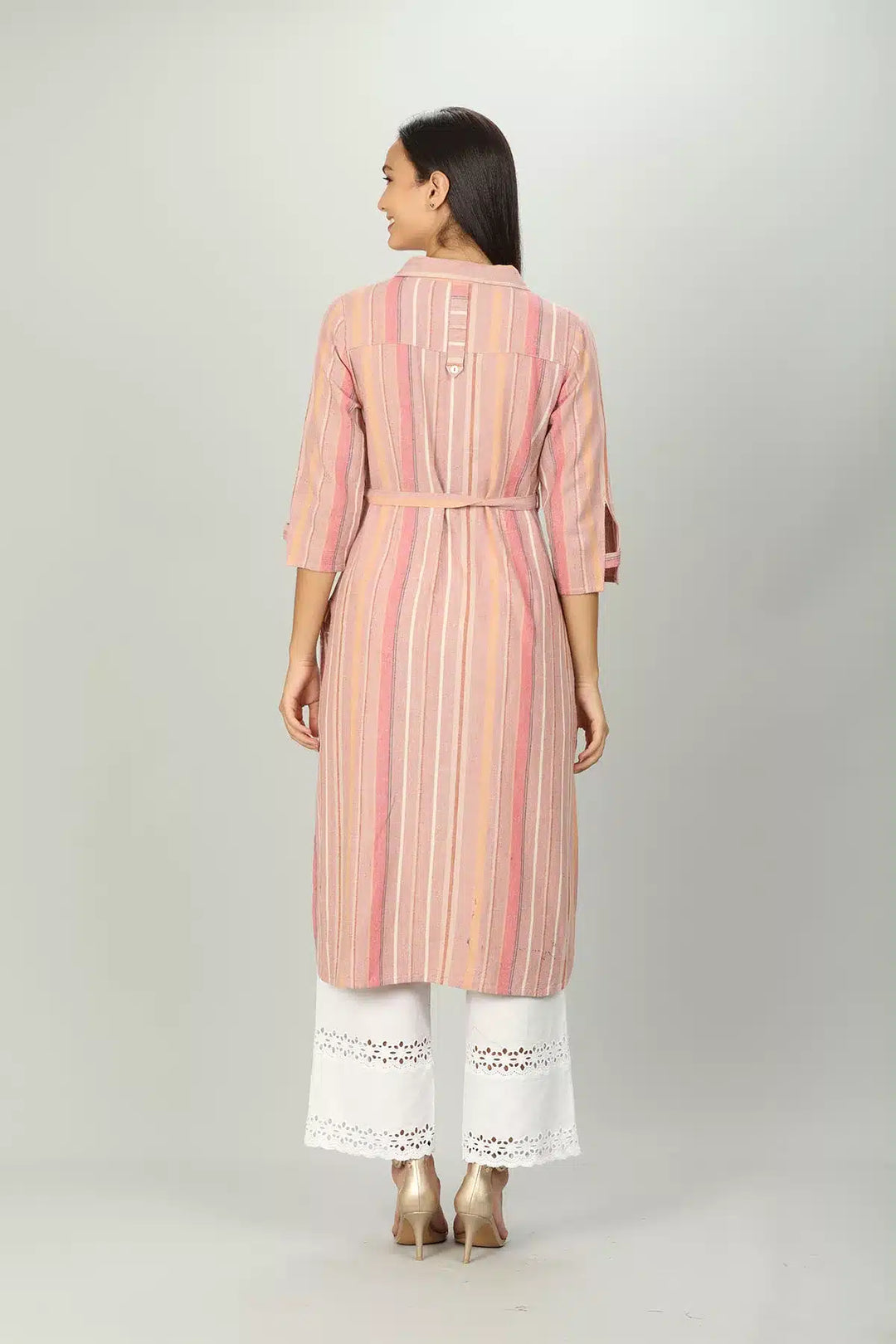 Pink Front Slit Stripe Kurti