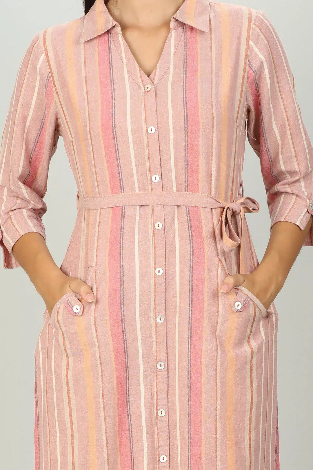 Pink Front Slit Stripe Kurti