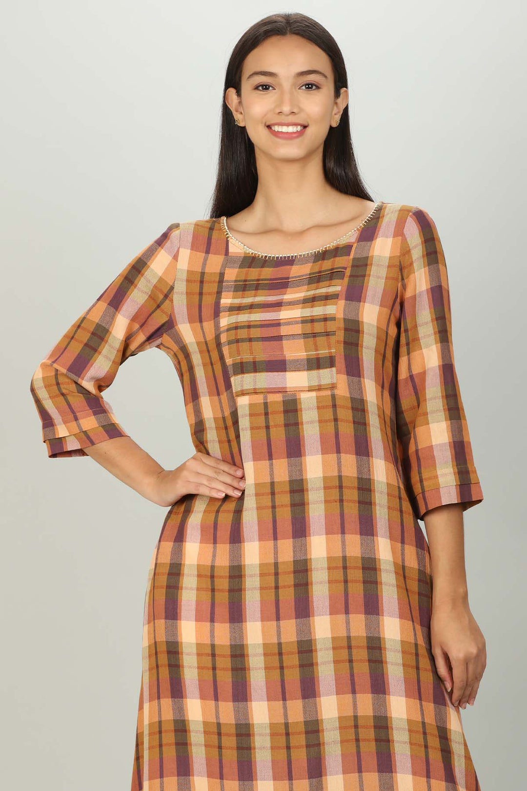 Brown Checks Kurti with Round neck