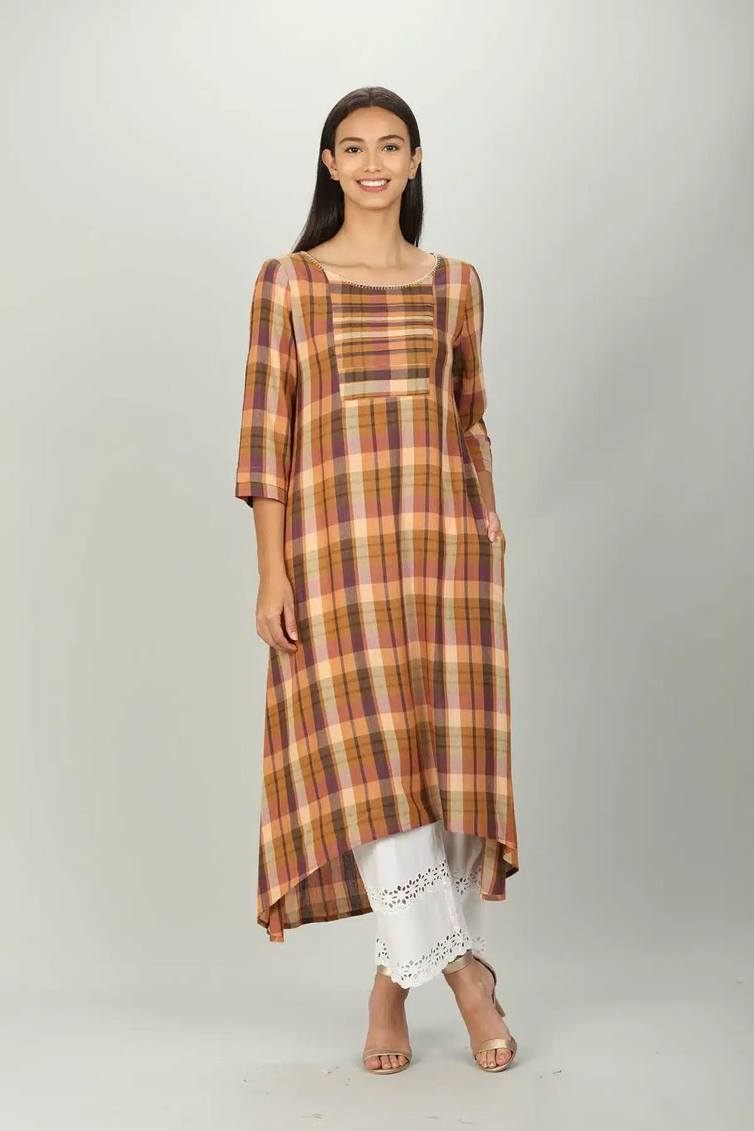 Brown Checks Kurti with Round neck