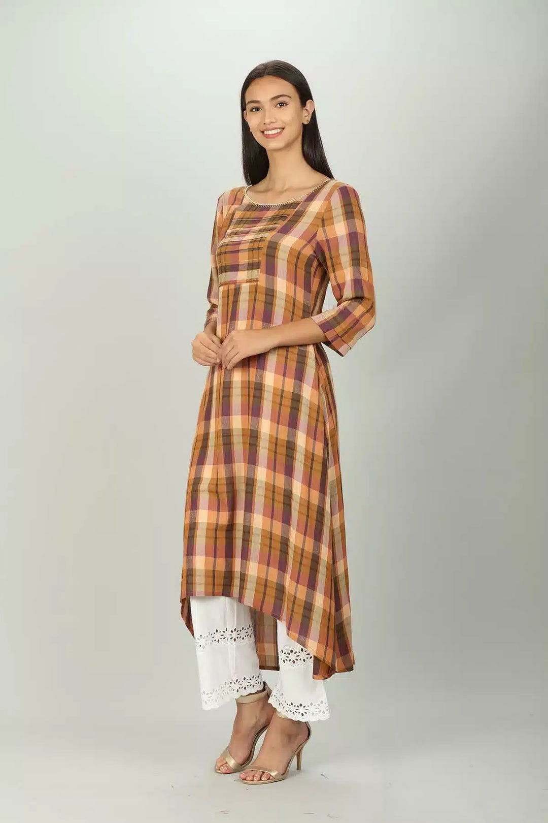 Brown Checks Kurti with Round neck