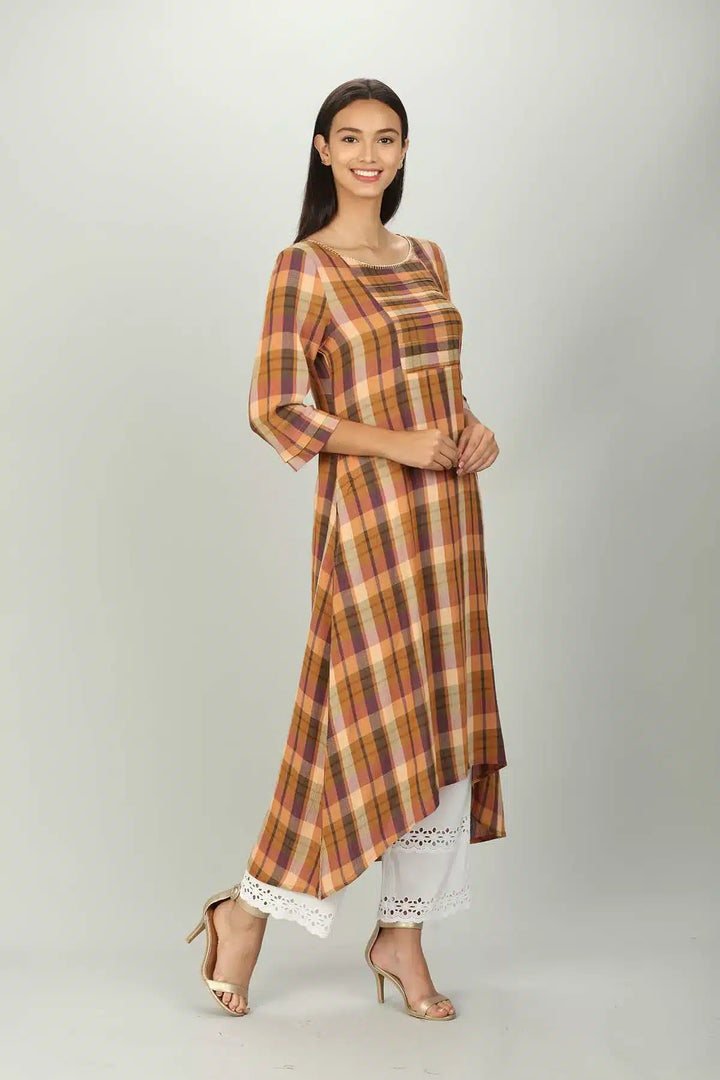 Brown Checks Kurti with Round neck