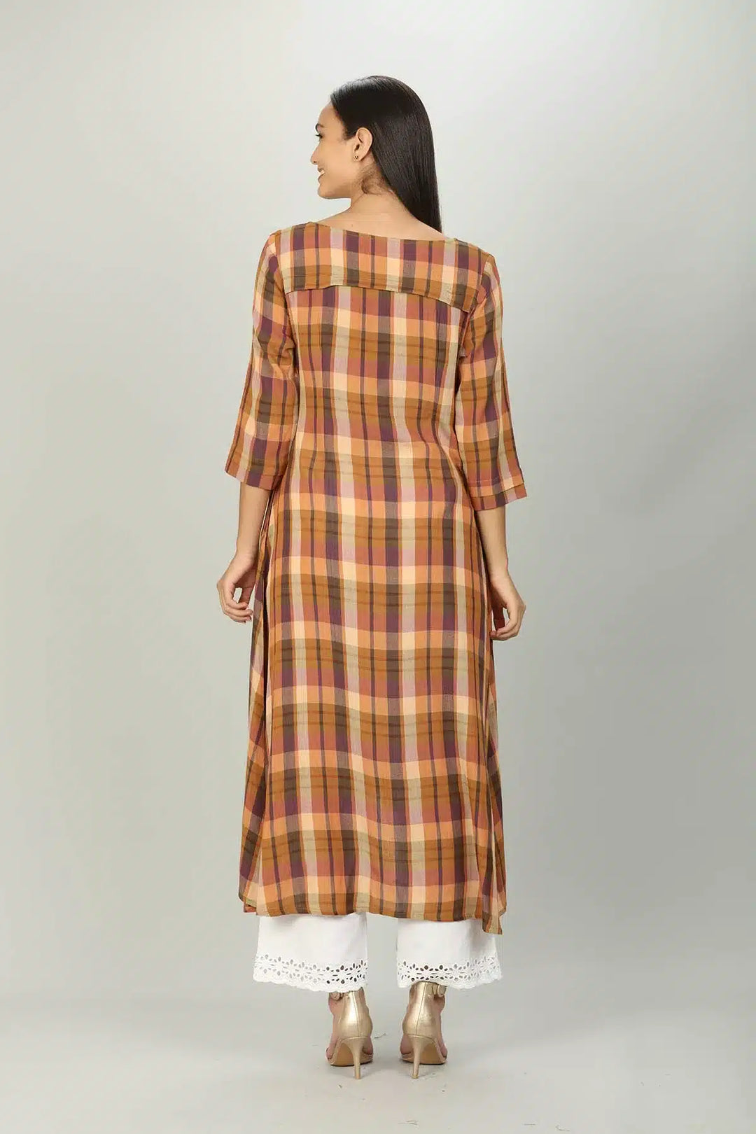 Brown Checks Kurti with Round neck