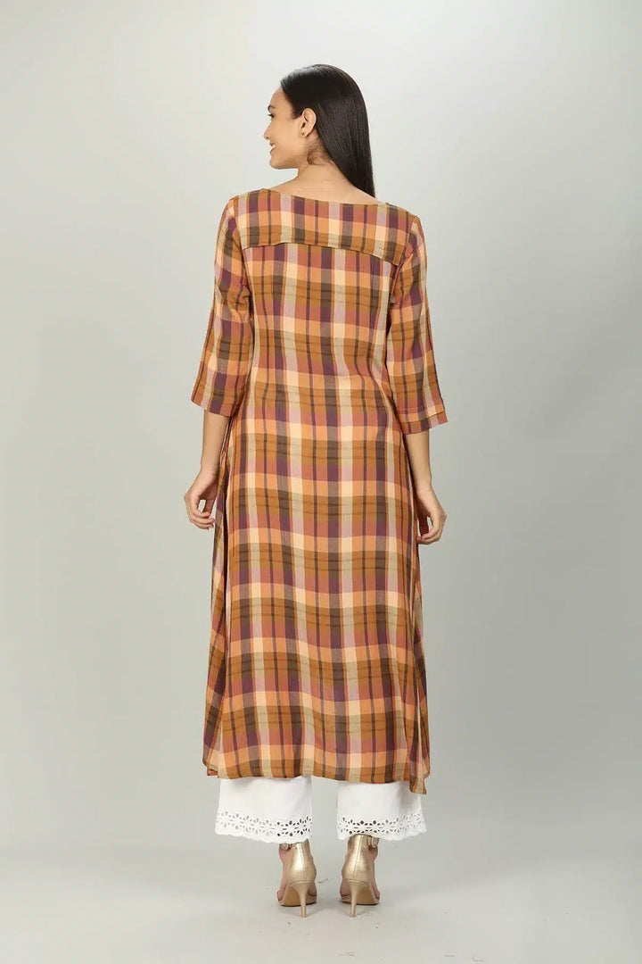 Brown Checks Kurti with Round neck
