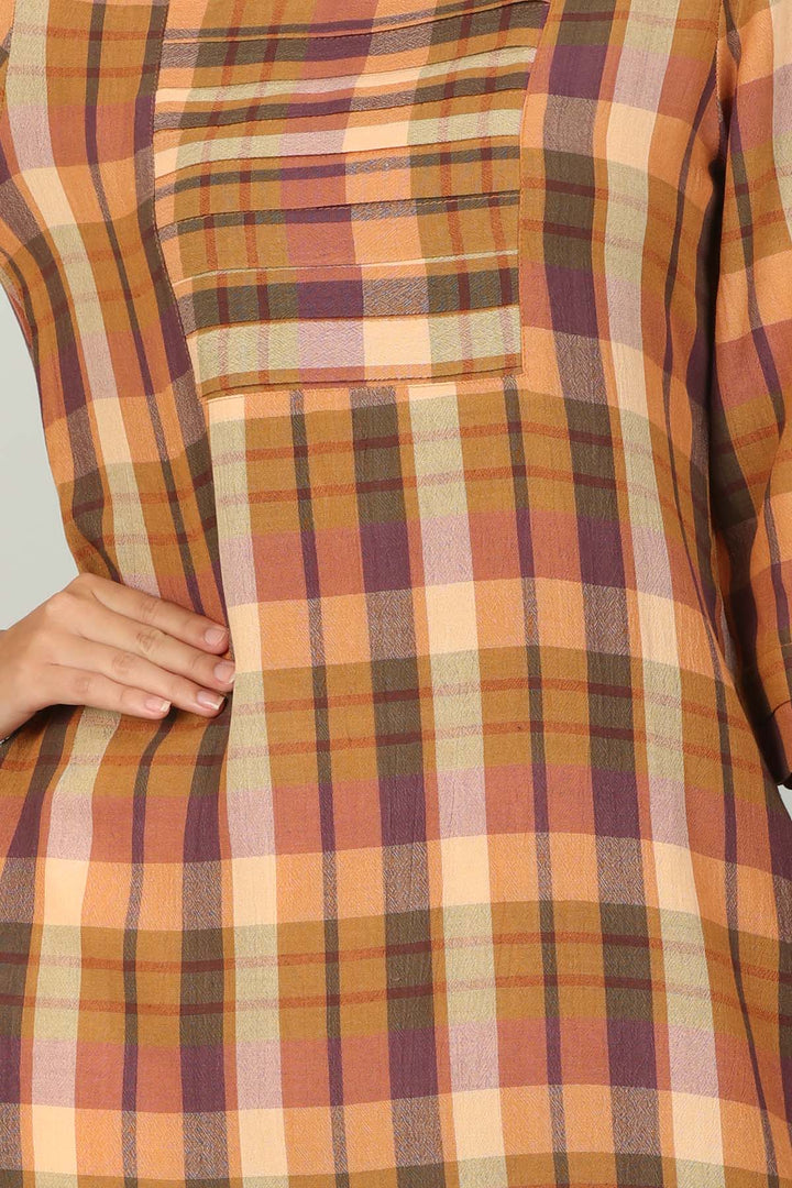 Brown Checks Kurti with Round neck