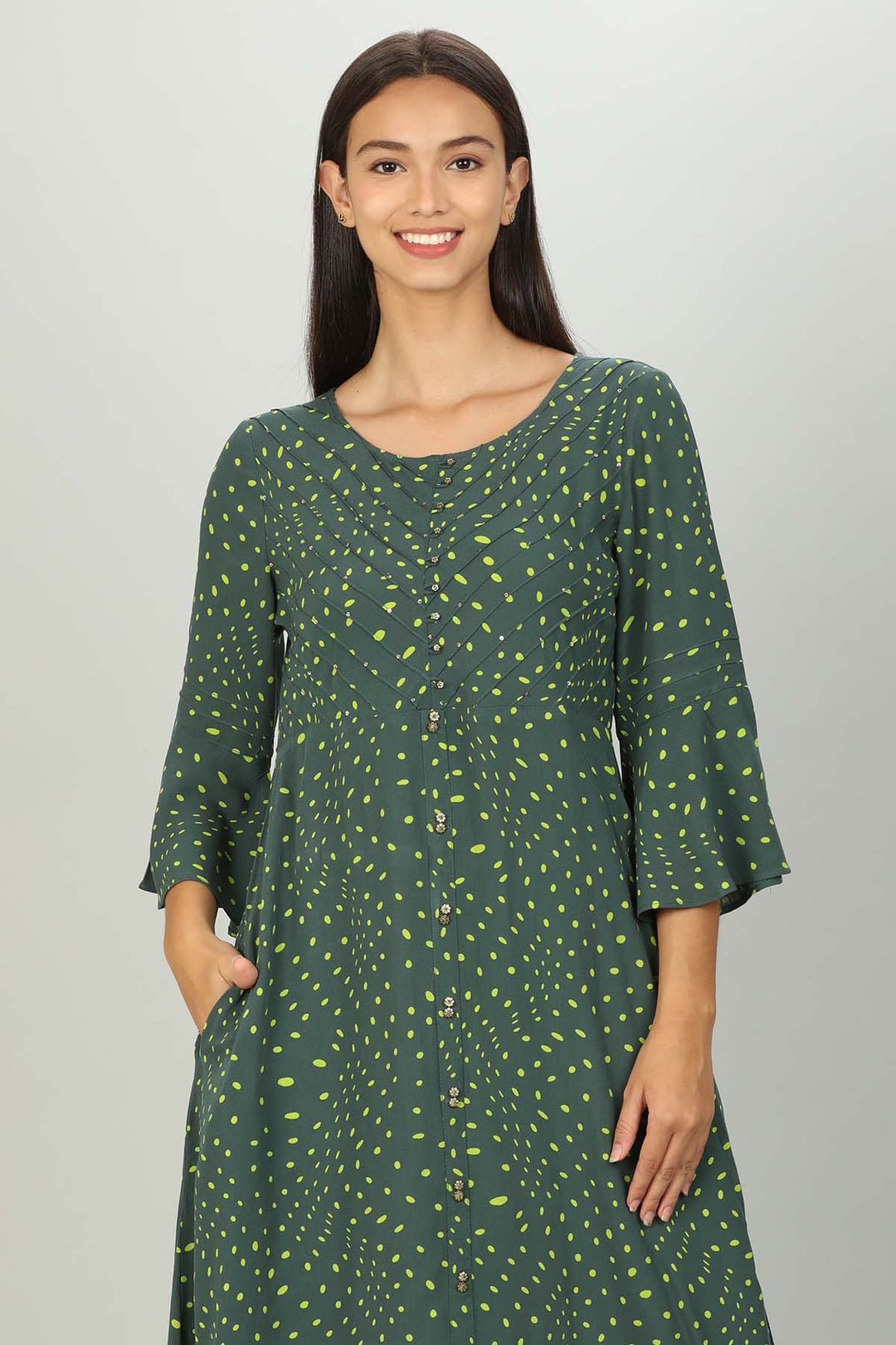 Dark Green Polka dot A line kurti