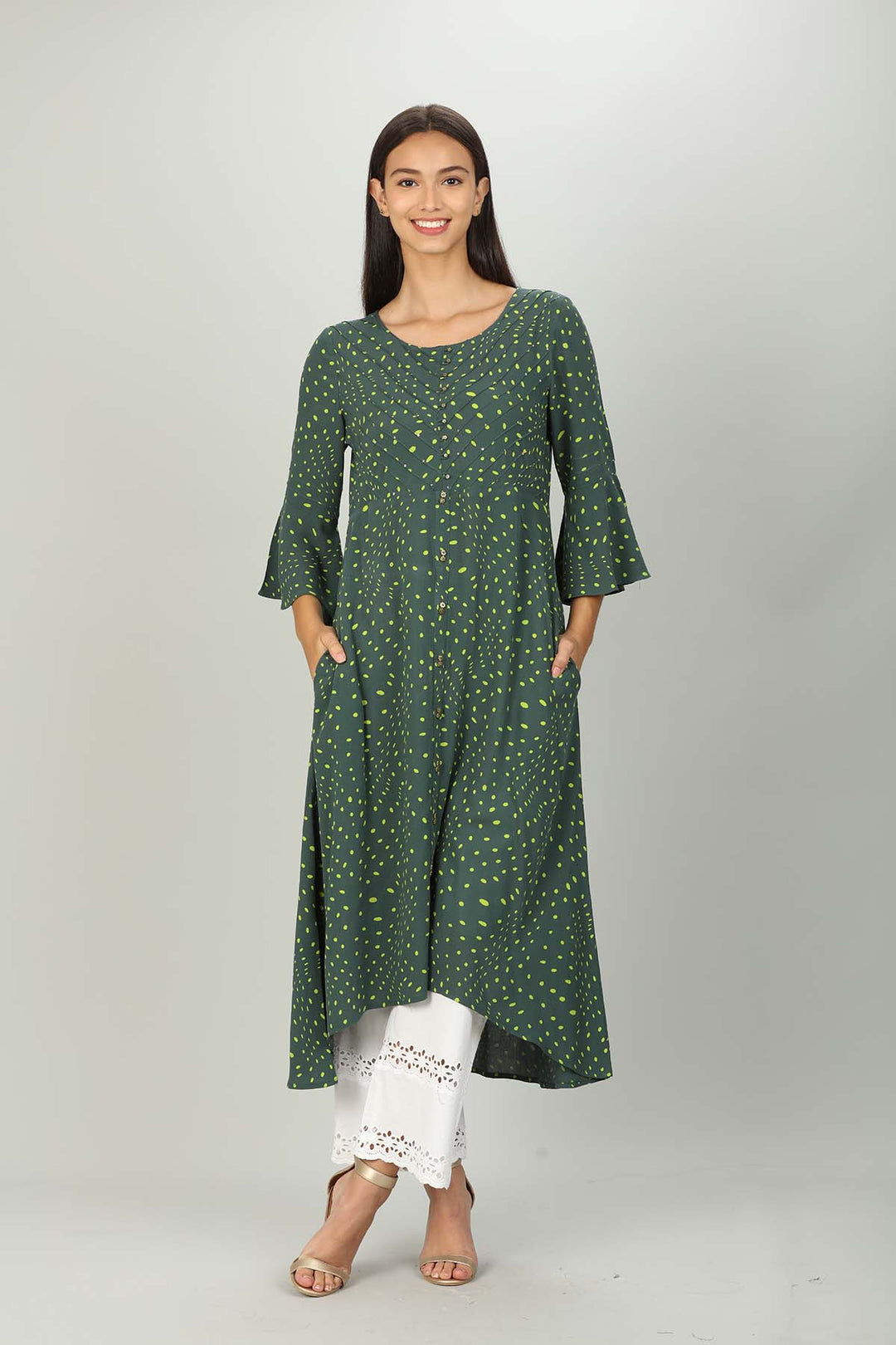 Dark Green Polka dot A line kurti