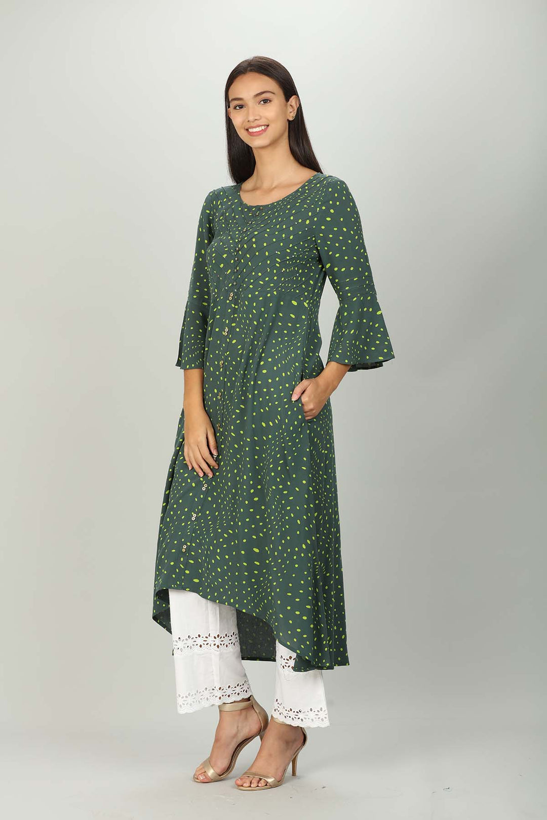 Dark Green Polka dot A line kurti