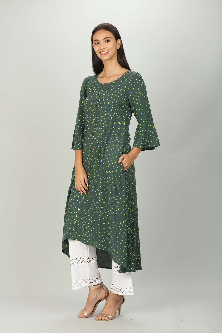 Dark Green Polka dot A line kurti