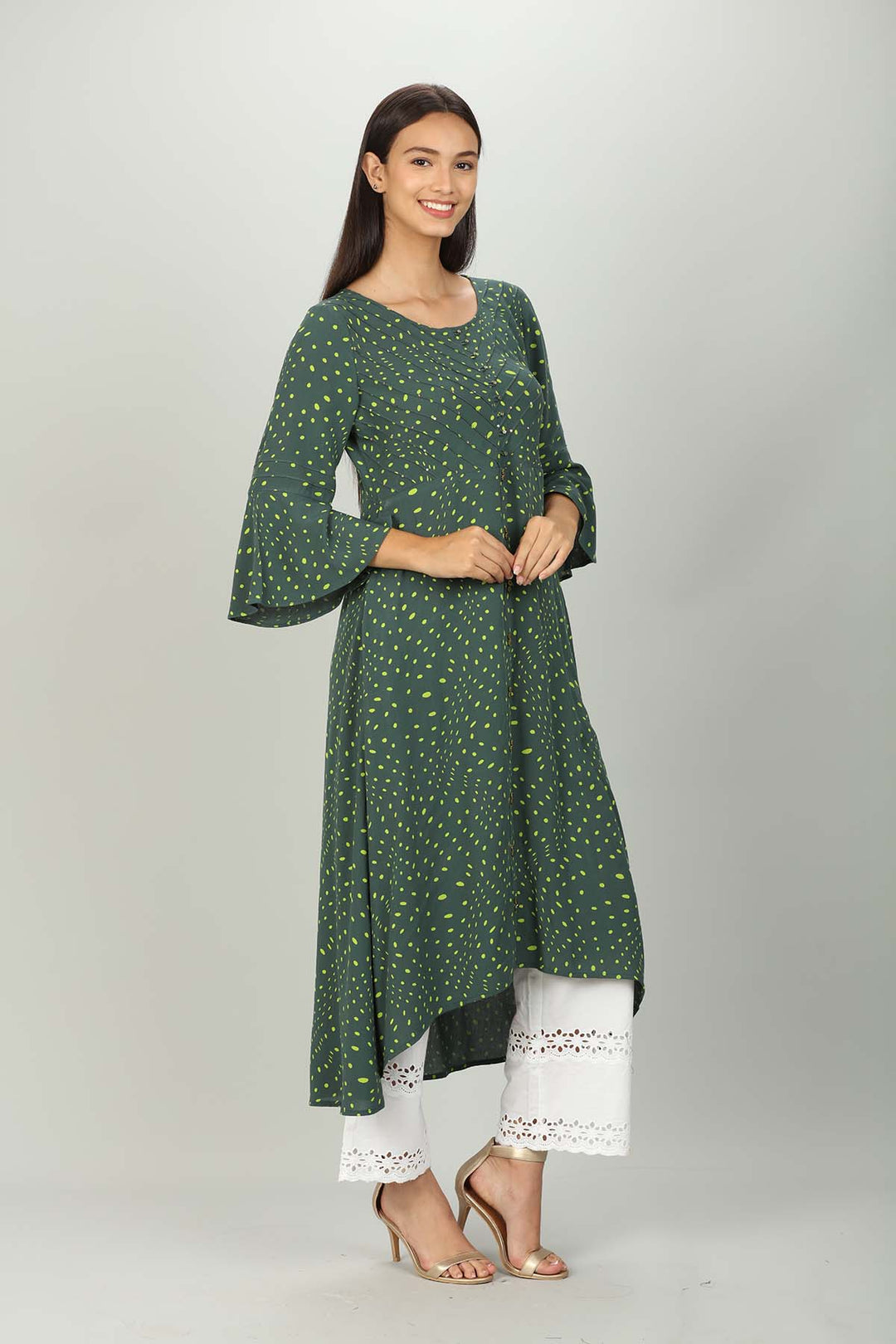 Dark Green Polka dot A line kurti