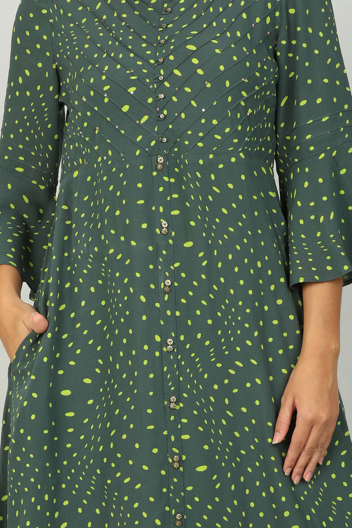Dark Green Polka dot A line kurti
