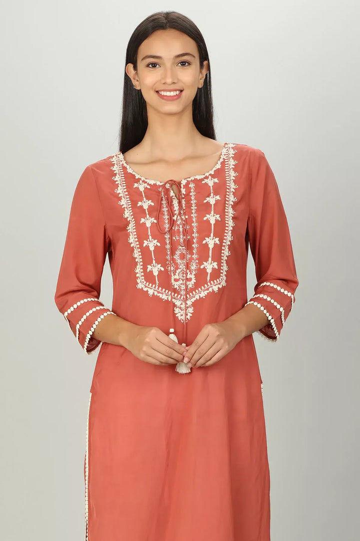 Peach Colour String Tie Straight Kurti