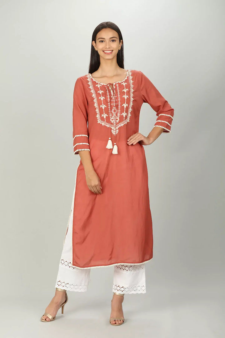 Peach Colour String Tie Straight Kurti