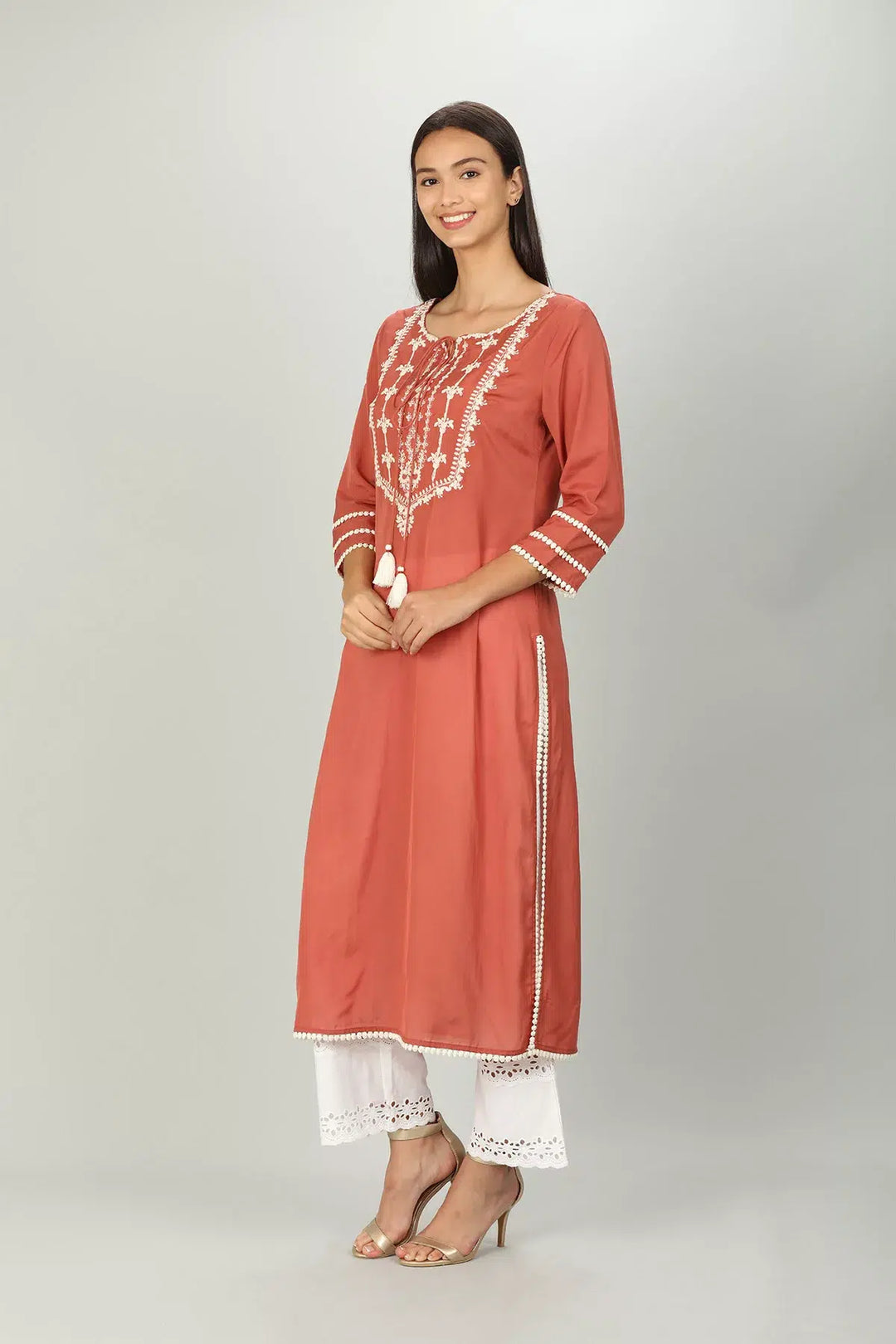 Peach Colour String Tie Straight Kurti