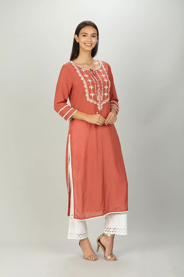 Peach Colour String Tie Straight Kurti