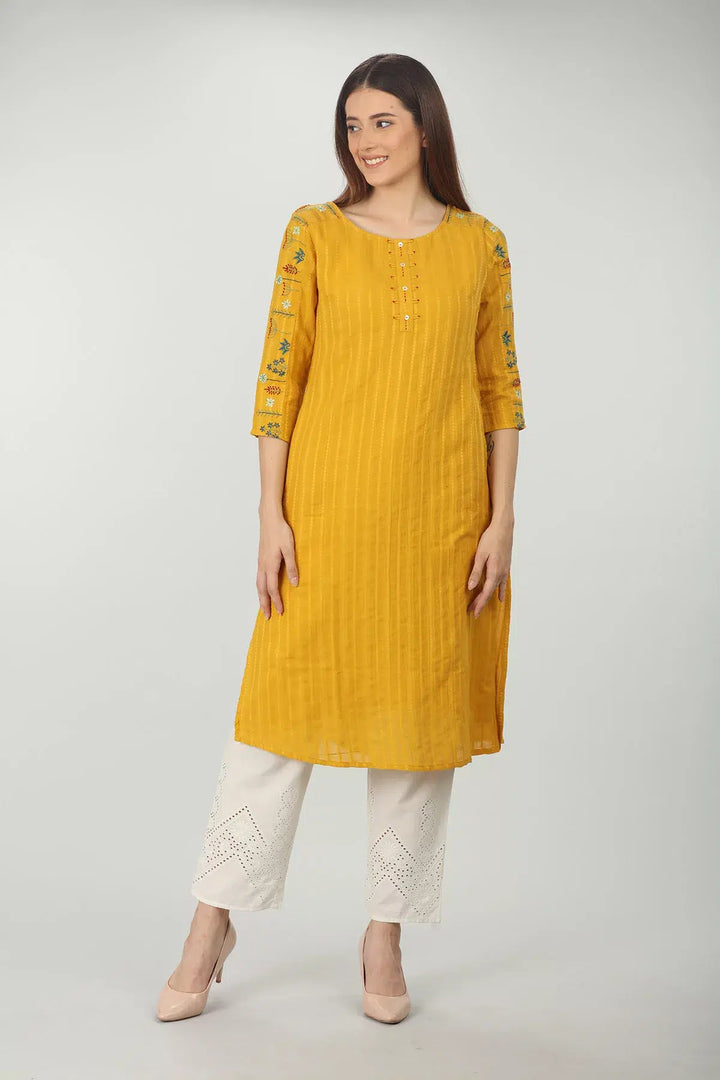 Embroidered Textured Yellow Kurta