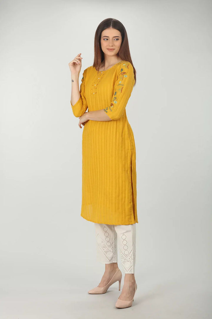 Embroidered Textured Yellow Kurta
