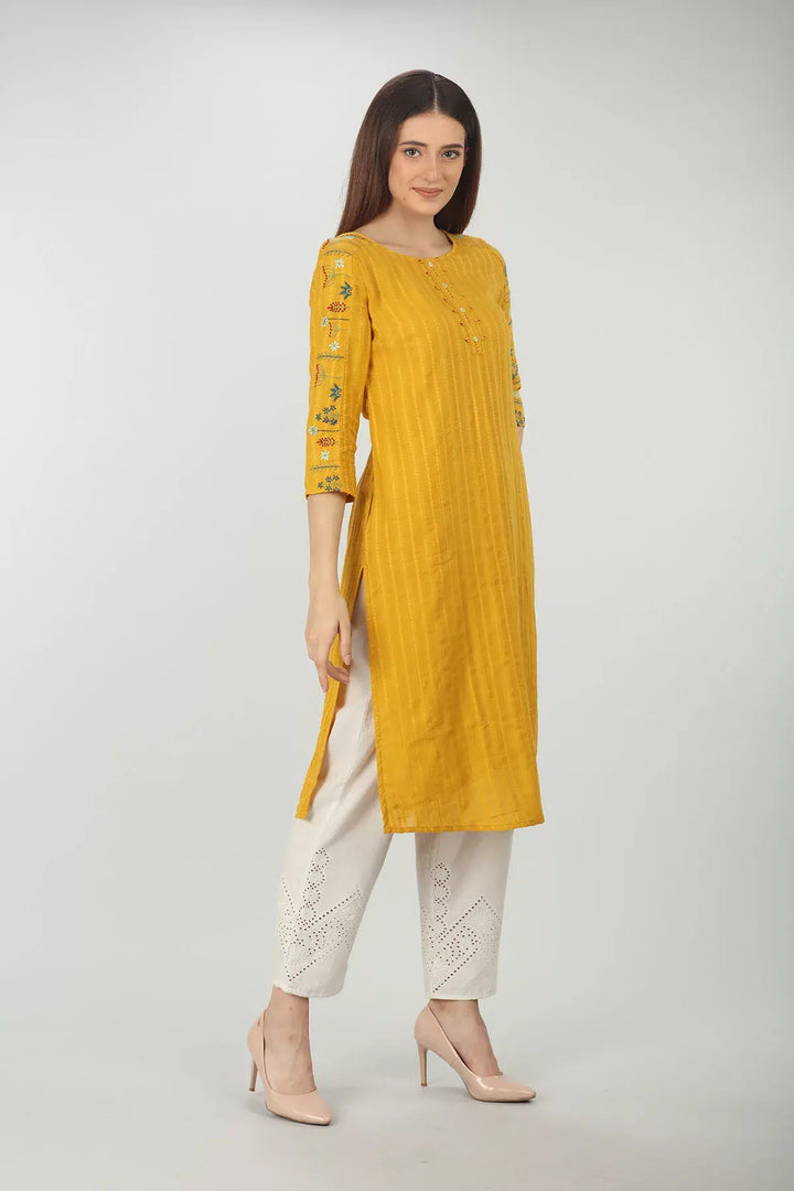 Embroidered Textured Yellow Kurta
