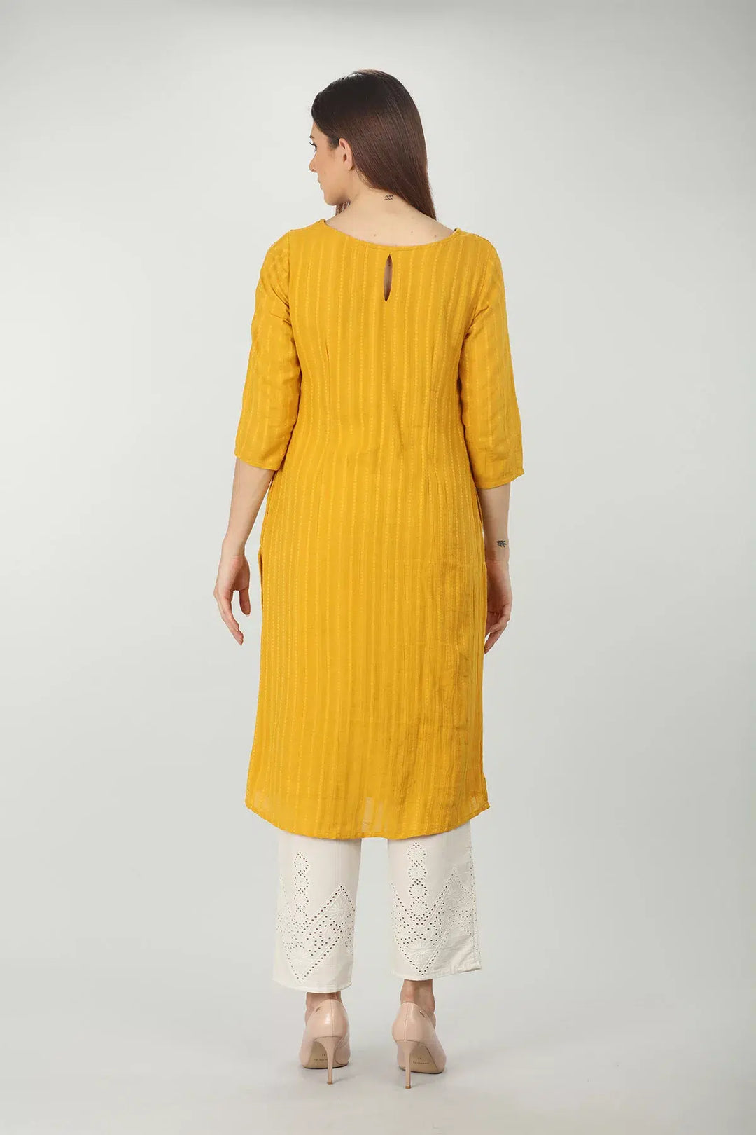 Embroidered Textured Yellow Kurta