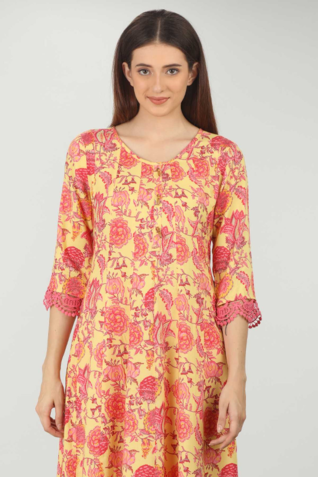 Yellow Round Neck Kurti  (A-Line)