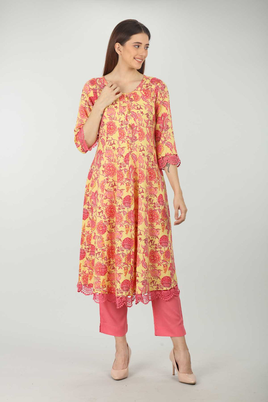 Yellow Round Neck Kurti  (A-Line)