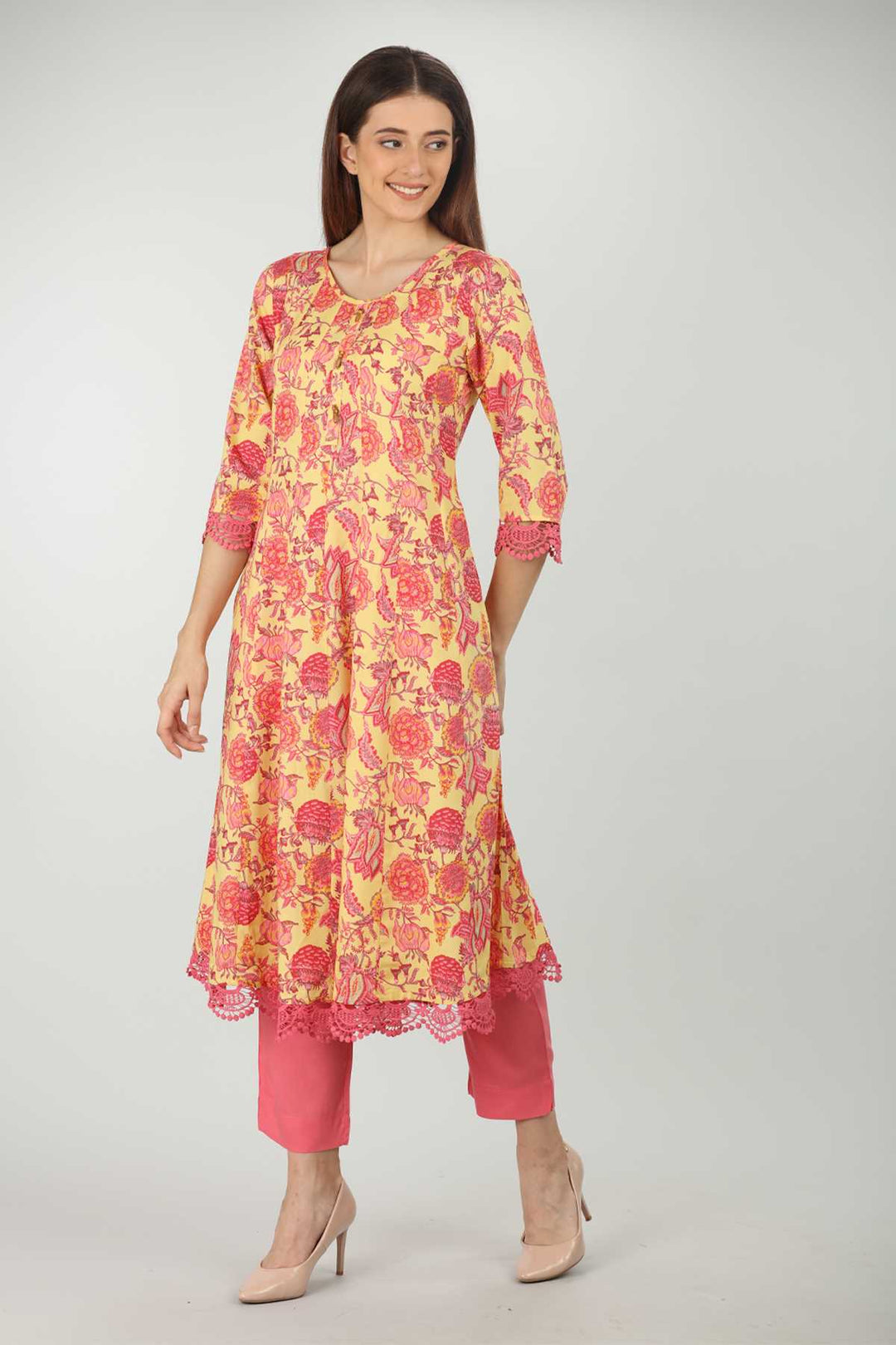 Yellow Round Neck Kurti  (A-Line)