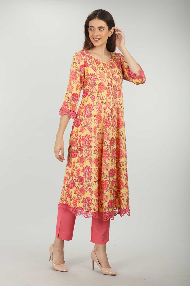 Yellow Round Neck Kurti  (A-Line)
