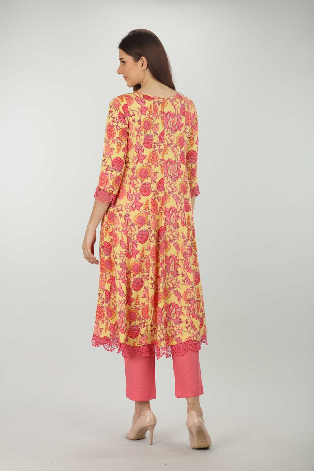 Yellow Round Neck Kurti  (A-Line)