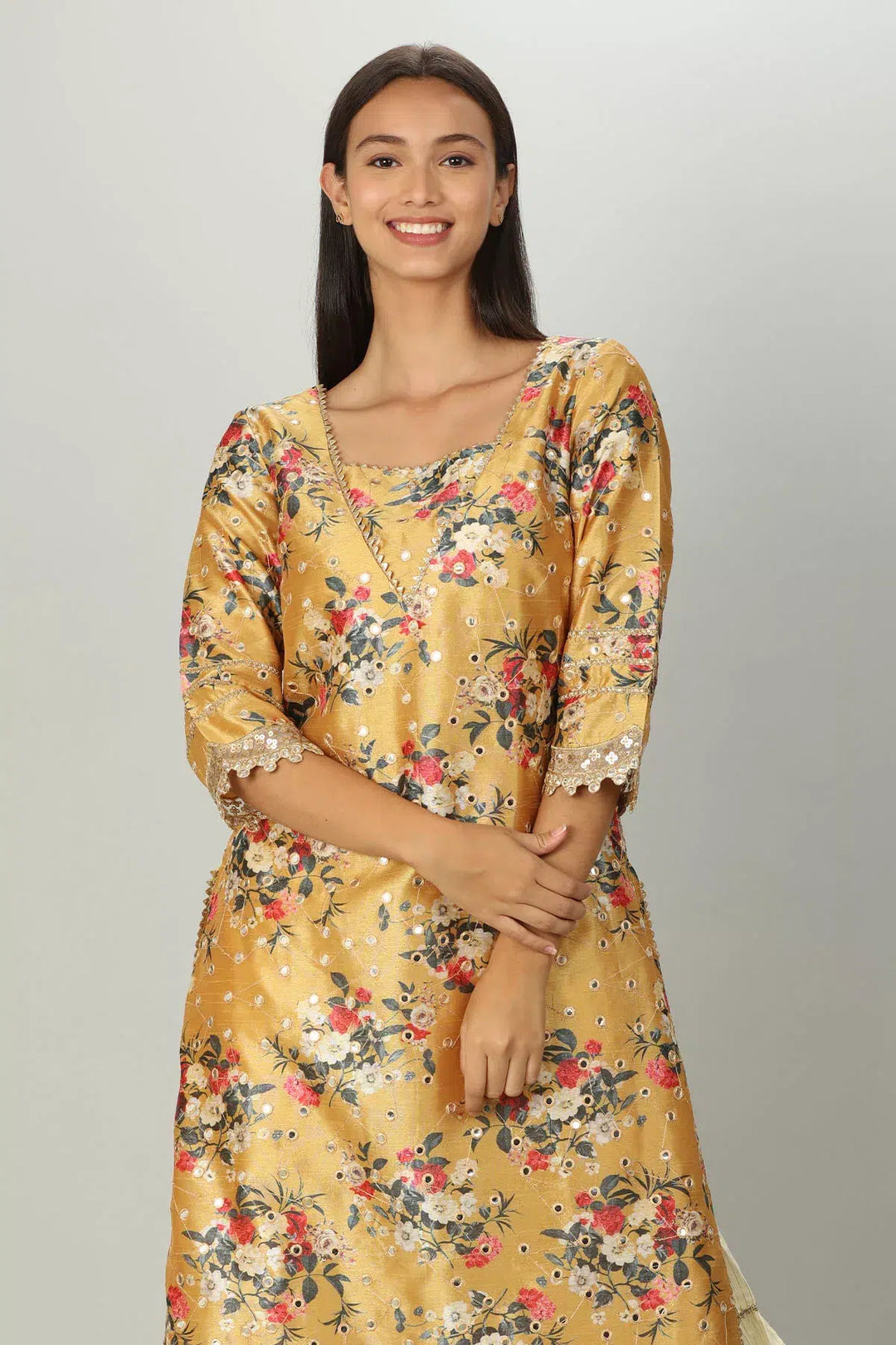 YELLOW FLORAL PRINTED A-LINE ENSEMBLE KURTI
