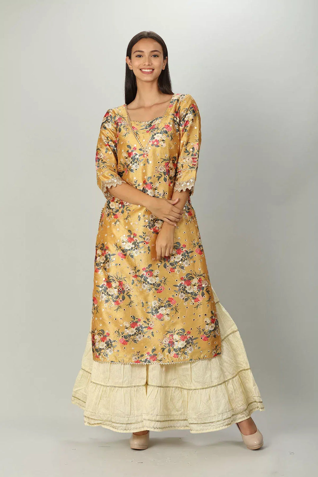 YELLOW FLORAL PRINTED A-LINE ENSEMBLE KURTI
