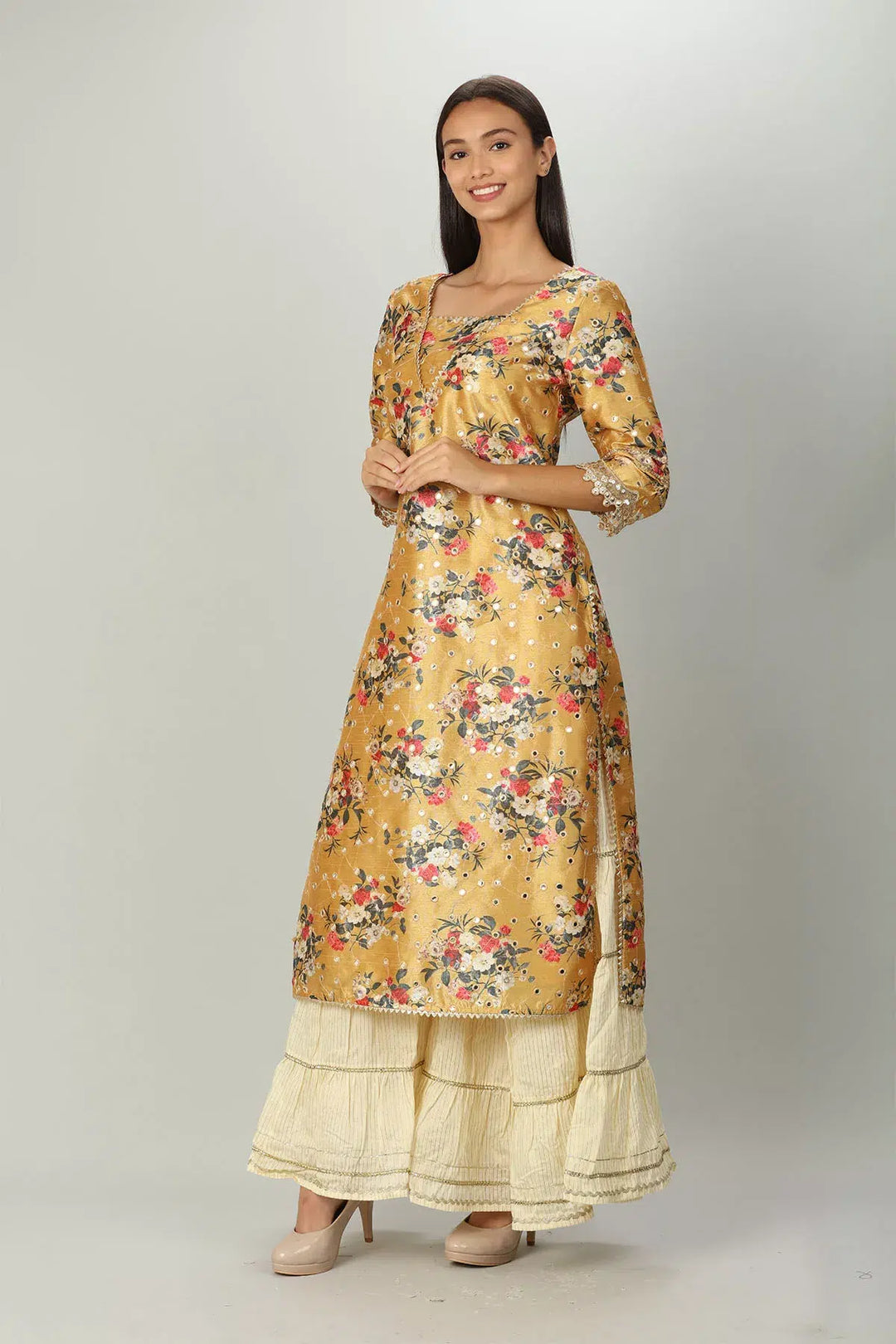 YELLOW FLORAL PRINTED A-LINE ENSEMBLE KURTI