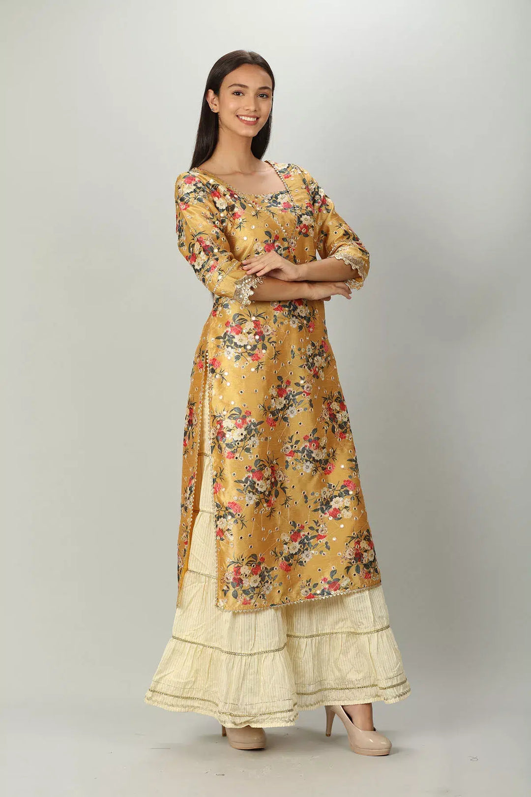 YELLOW FLORAL PRINTED A-LINE ENSEMBLE KURTI